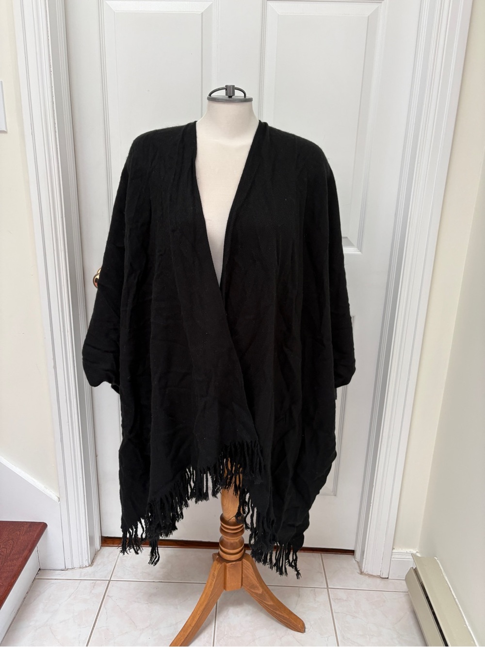 Black Fringe Open-Front Women's Wrap Jacket
